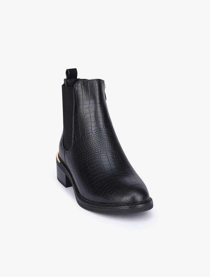 Bottines effet croco à détails dorés stylisés - Noir - 3