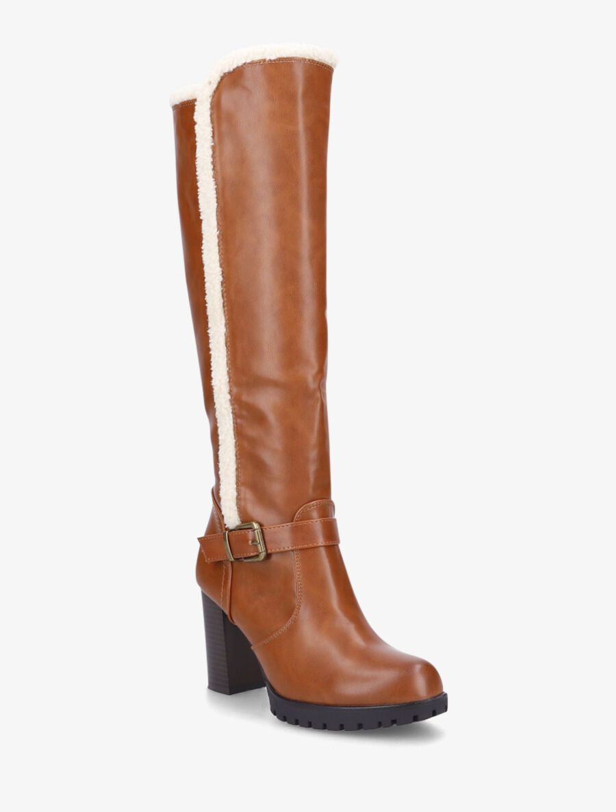 Bottes à talon et empiècement effet peau de mouton - Camel - 2