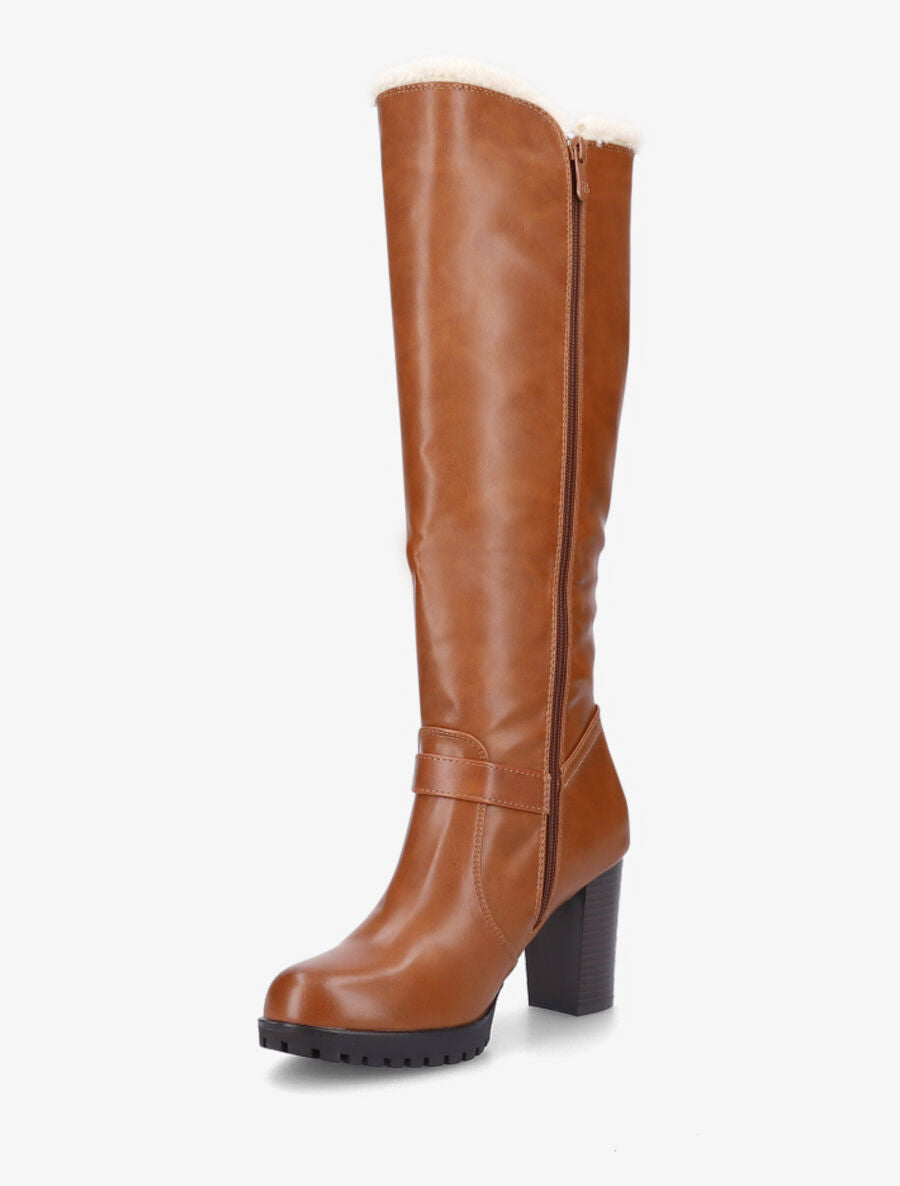 Bottes à talon et empiècement effet peau de mouton - Camel - 3