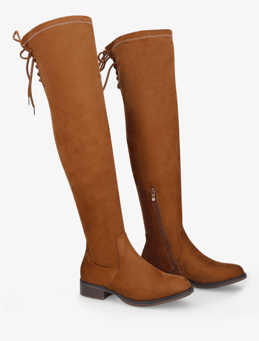 Cuissardes plates en suédine et cordons de serrage - Camel - 4