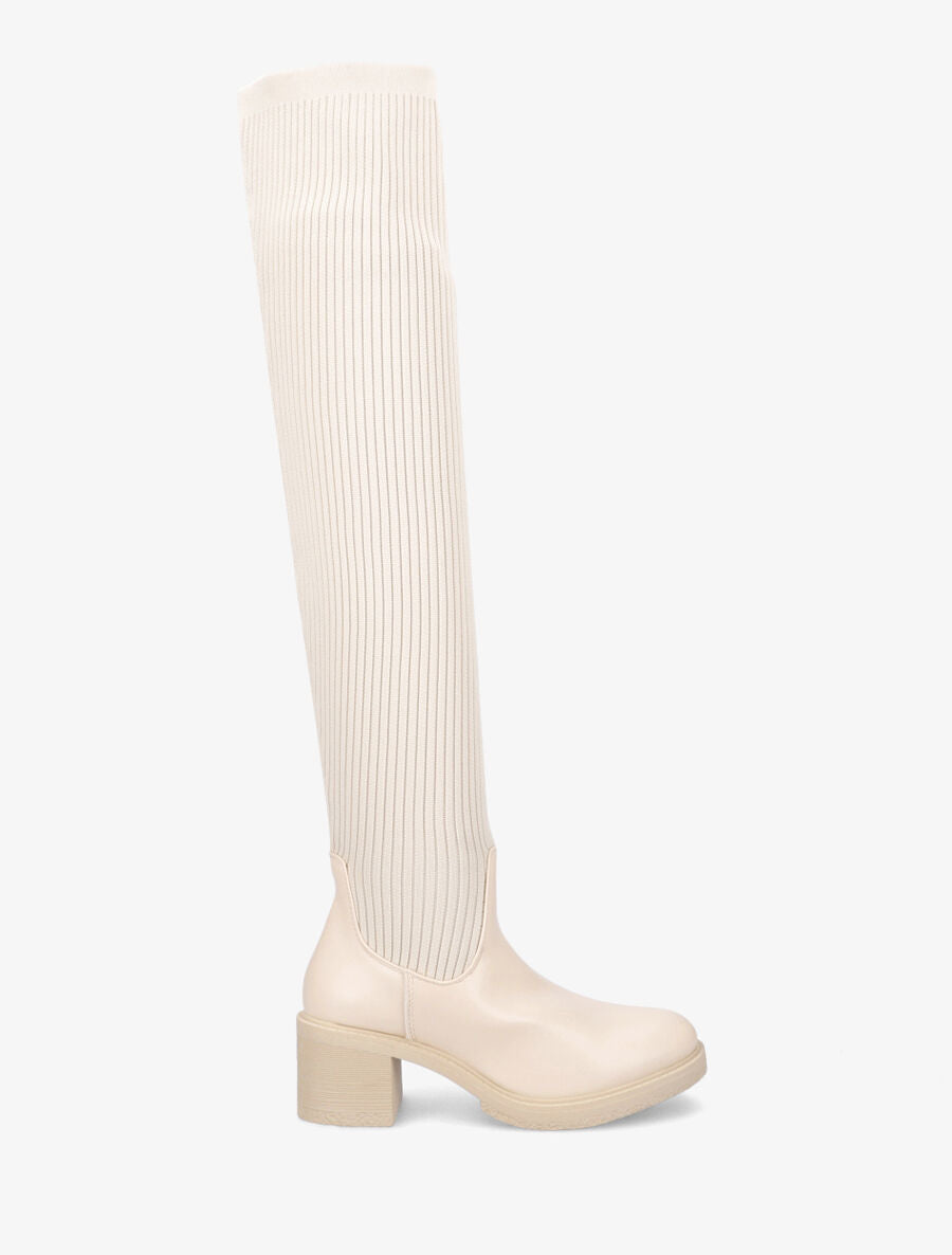 Cuissardes en tissu côtelé et simili - Beige - 1