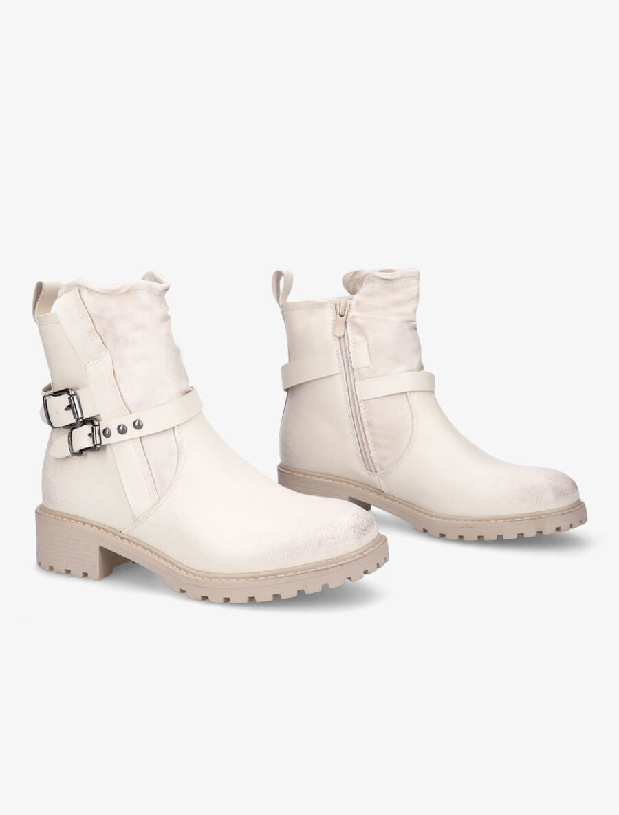 Bottines en simili et en suédine - Crème - 4