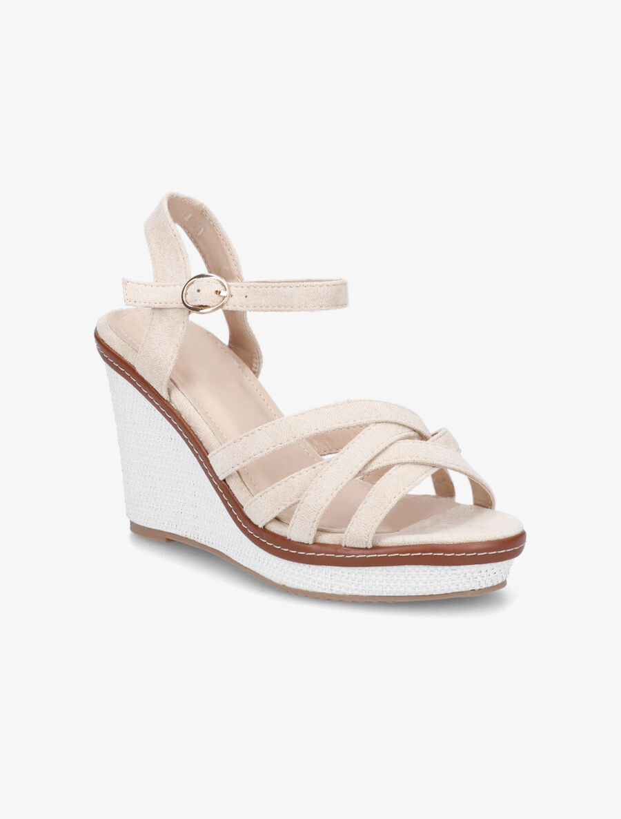Sandales compensées brides entrelacées en suédine - Beige - 2