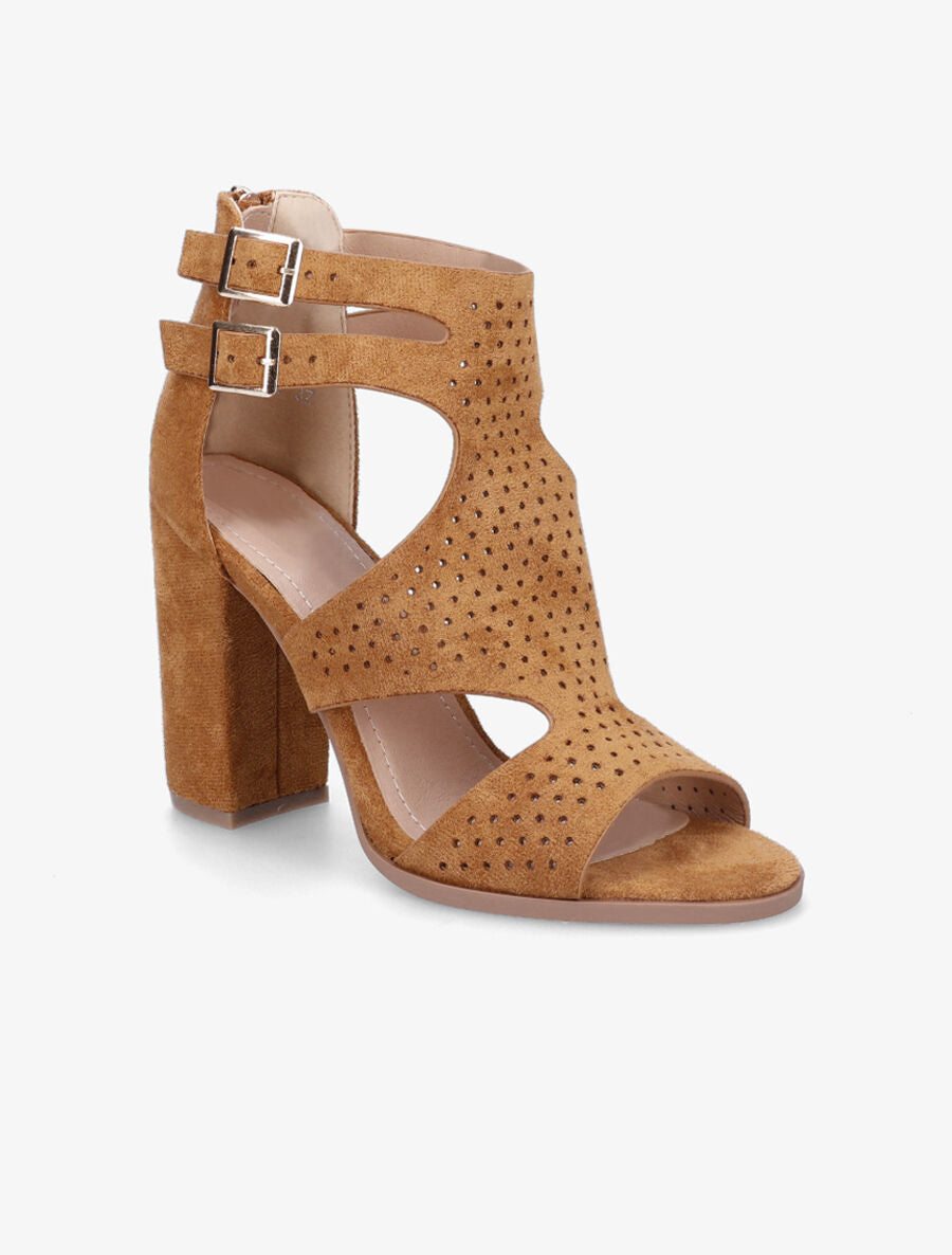 Sandales à talon haut en suédine perforée - Camel - 2