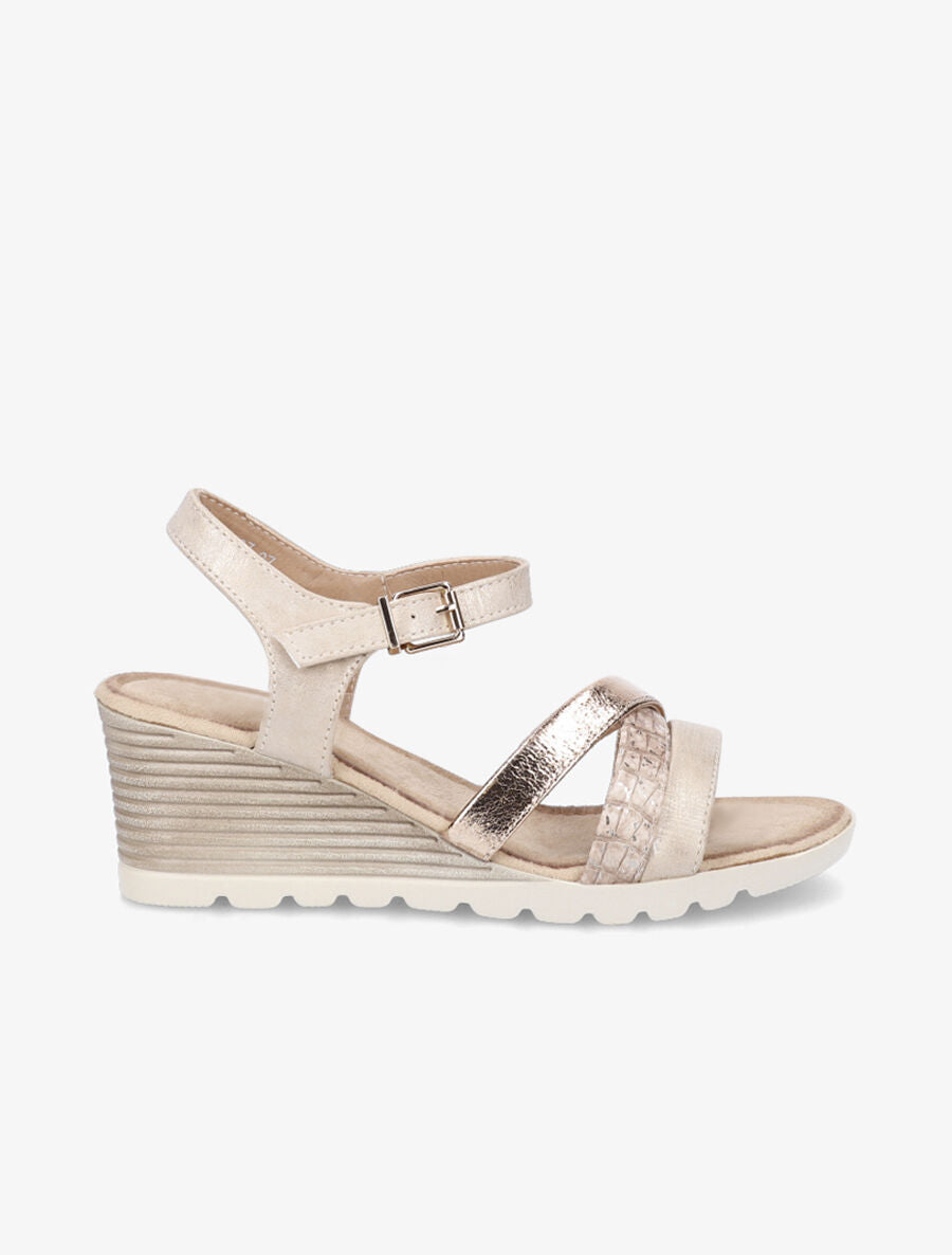 Sandales en simili et suédine à talon compensé - Beige - 5