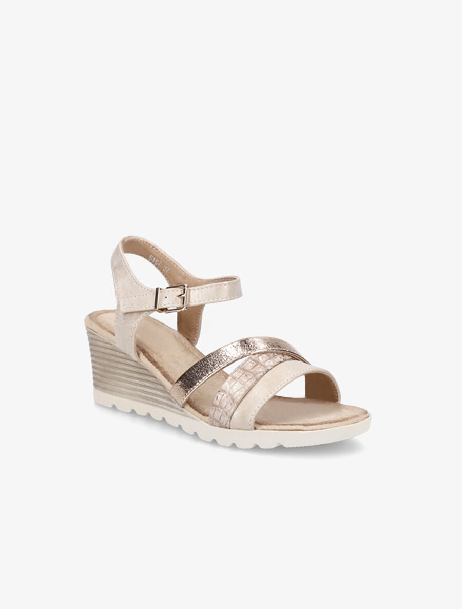 Sandales en simili et suédine à talon compensé - Beige - 2