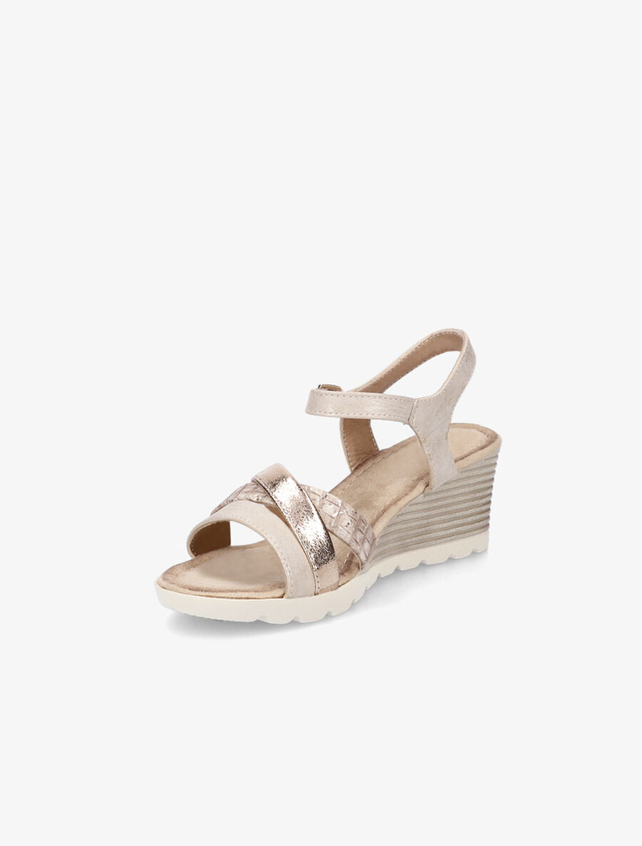 Sandales en simili et suédine à talon compensé - Beige - 3