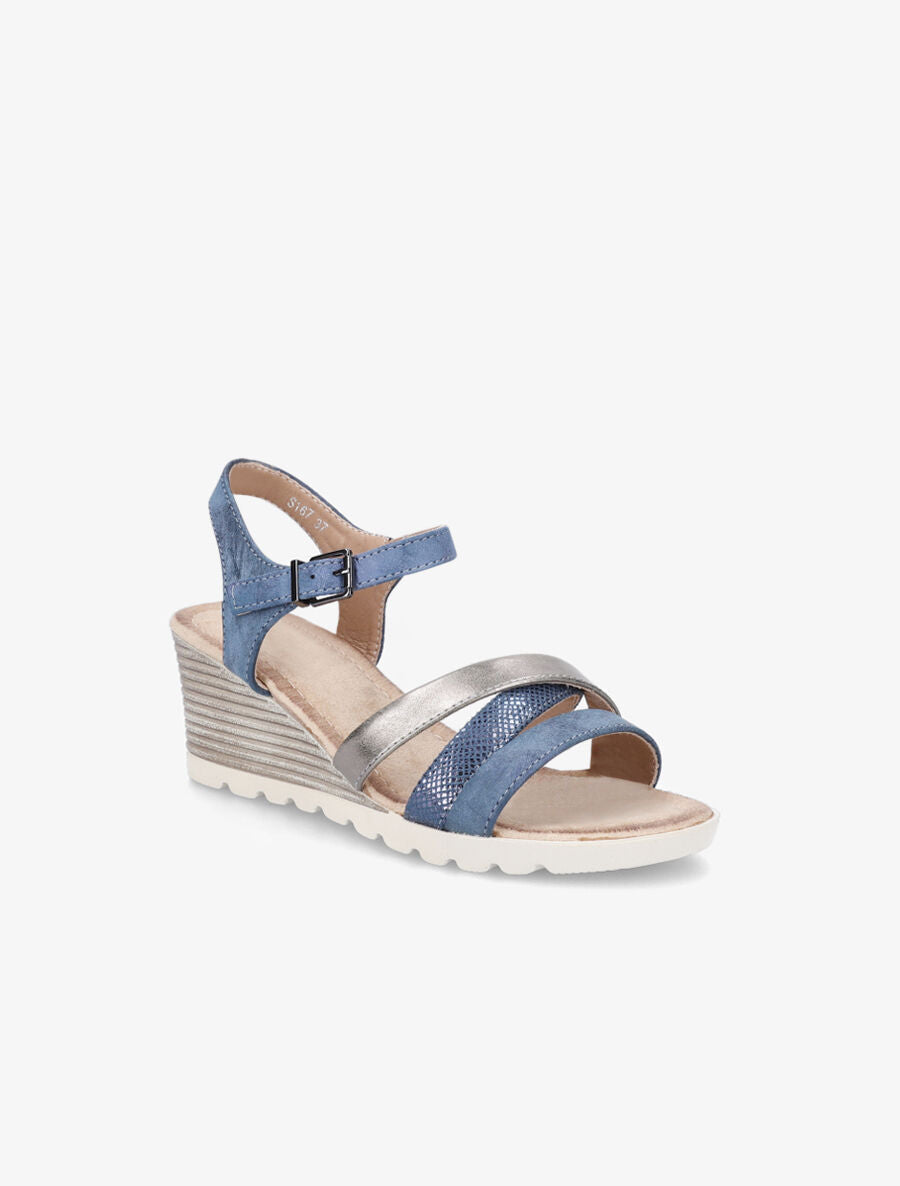 Sandales en simili et suédine à talon compensé - Bleu - 2