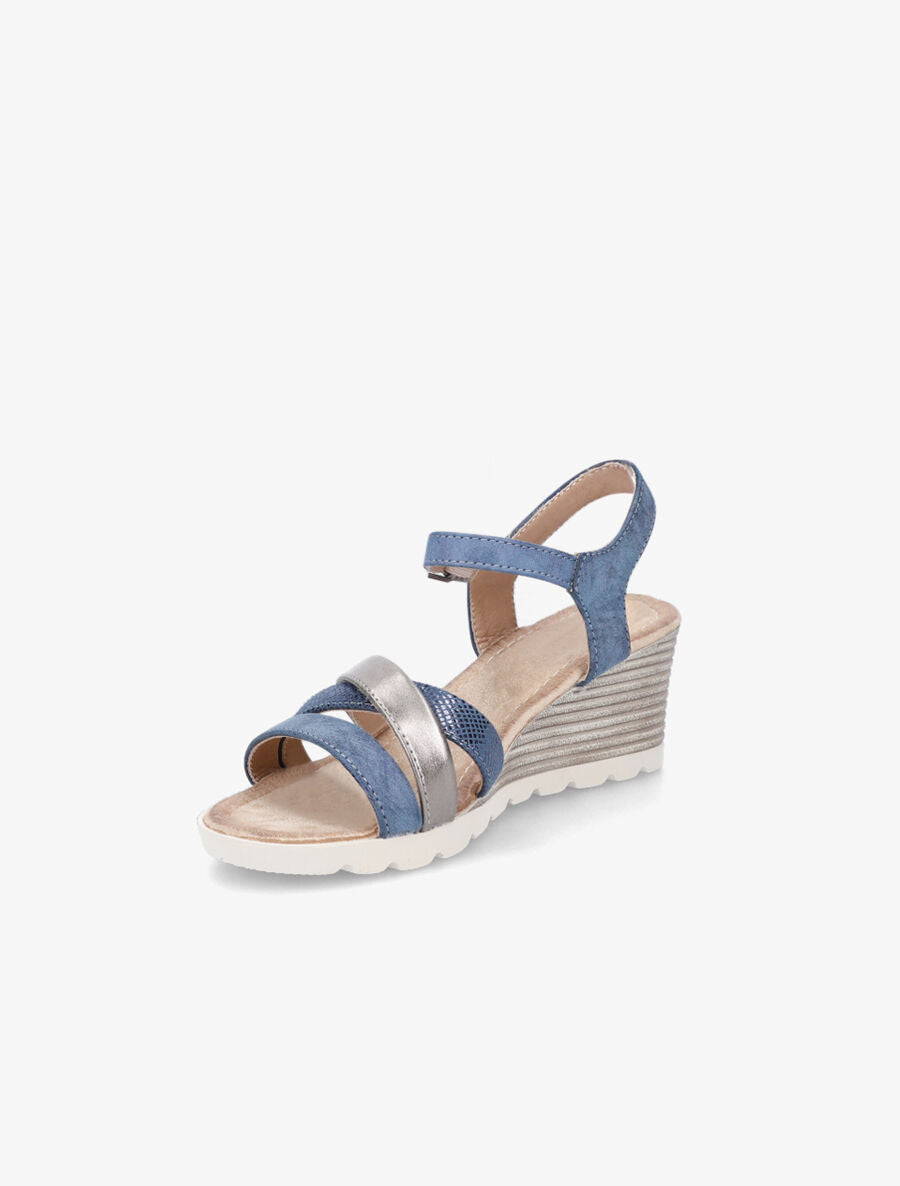 Sandales en simili et suédine à talon compensé - Bleu - 3
