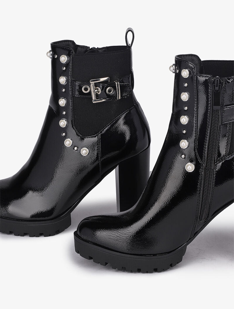 Bottines vernies à talon ornées de perles et clous - Noir - 4
