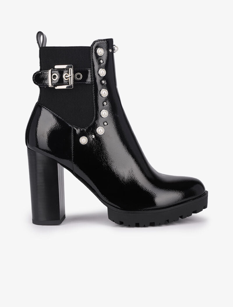 Bottines vernies à talon ornées de perles et clous - Noir - 1