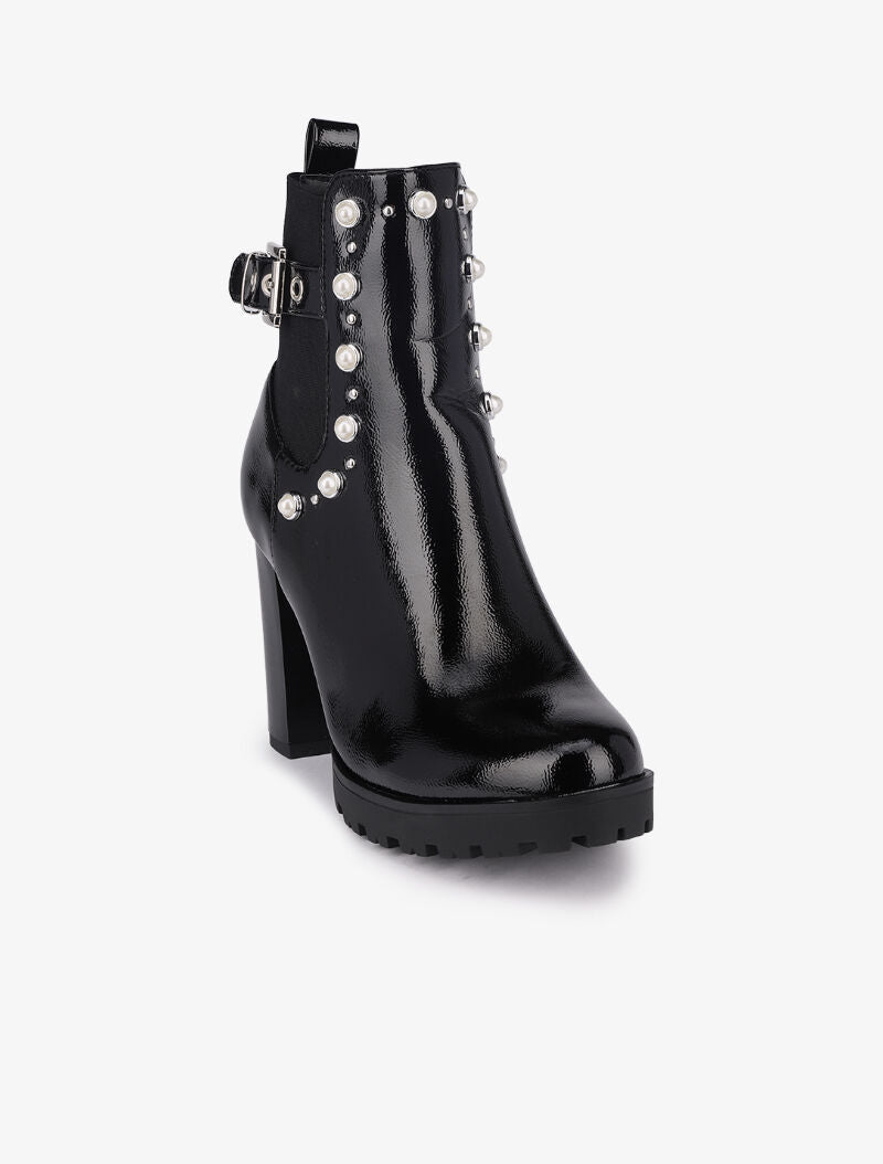 Bottines vernies à talon ornées de perles et clous - Noir - 2