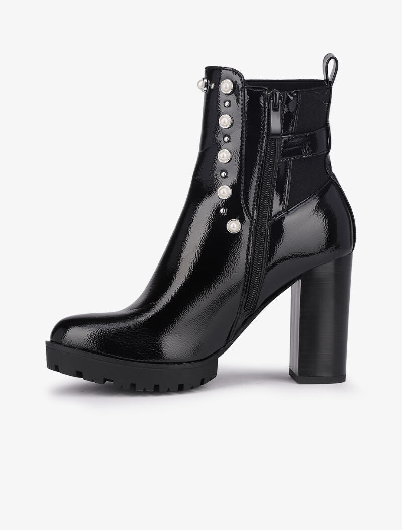 Bottines vernies à talon ornées de perles et clous - Noir - 3