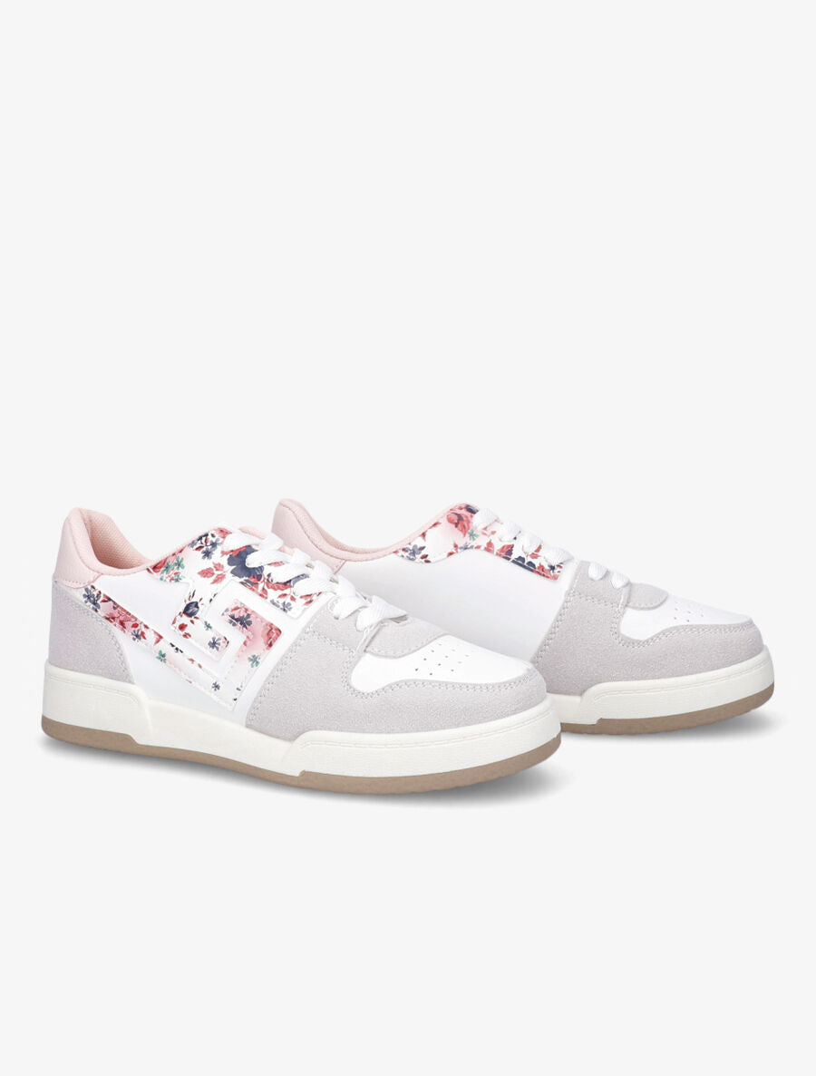 Sneakers en simili et suédine à motif fleuri - Rose - 4