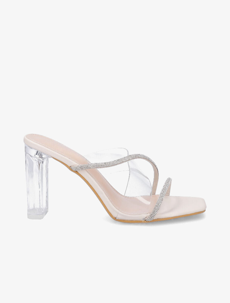 Mules à bande transparente et strass - Beige - 1