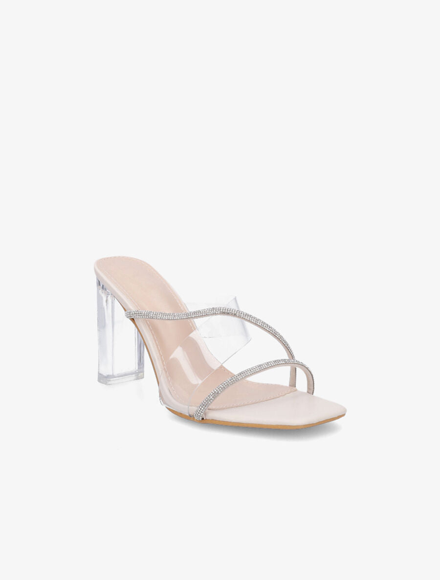 Mules à bande transparente et strass - Beige - 2