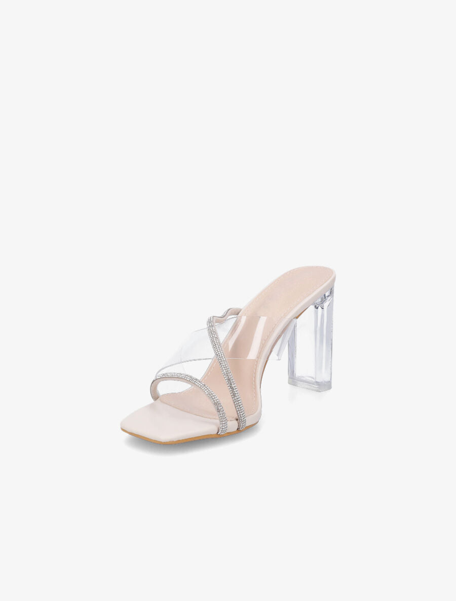 Mules à bande transparente et strass - Beige - 3