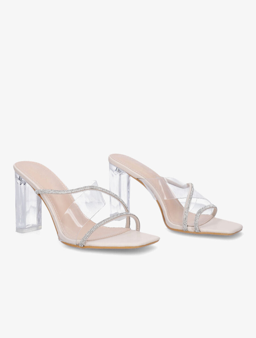 Mules à bande transparente et strass - Beige - 4