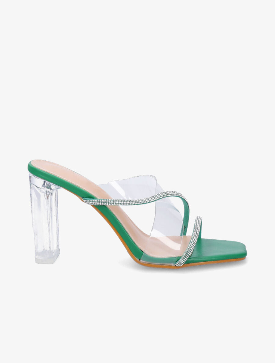 Mules à bande transparente et strass - Vert - 1