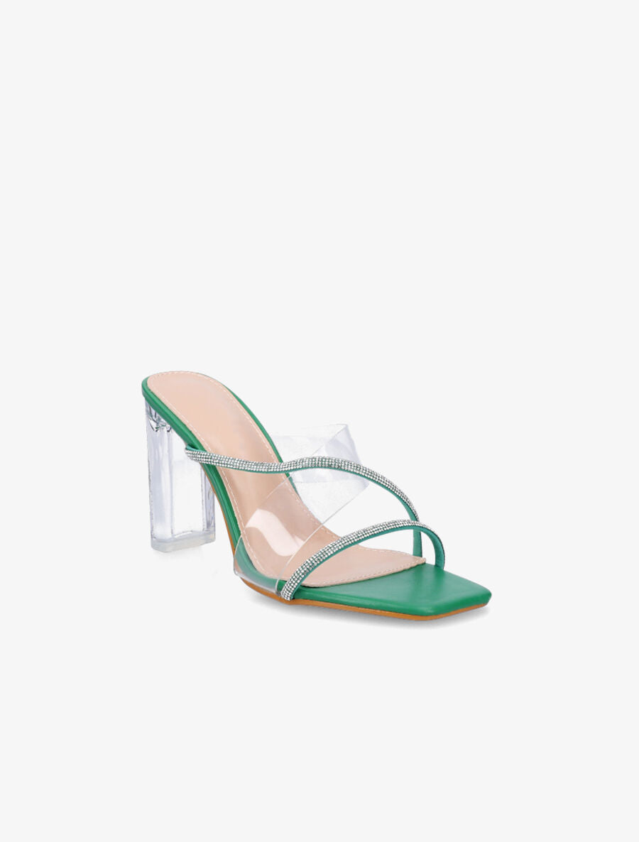 Mules à bande transparente et strass - Vert - 2