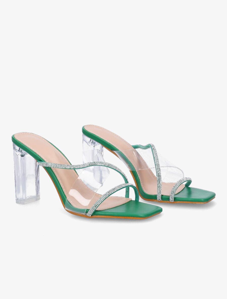 Mules à bande transparente et strass - Vert - 4