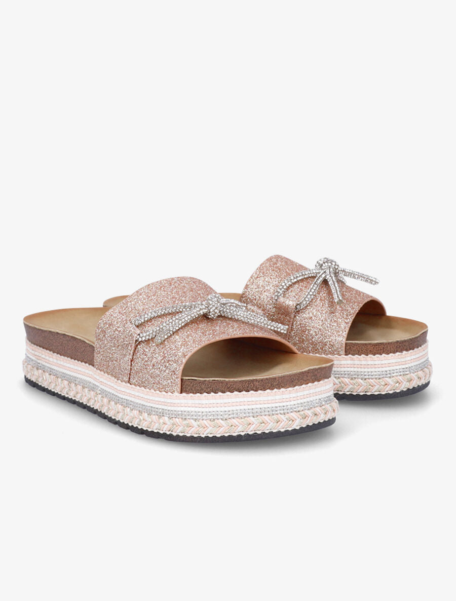 Claquettes à paillettes et noeud en strass - Rose gold - 4