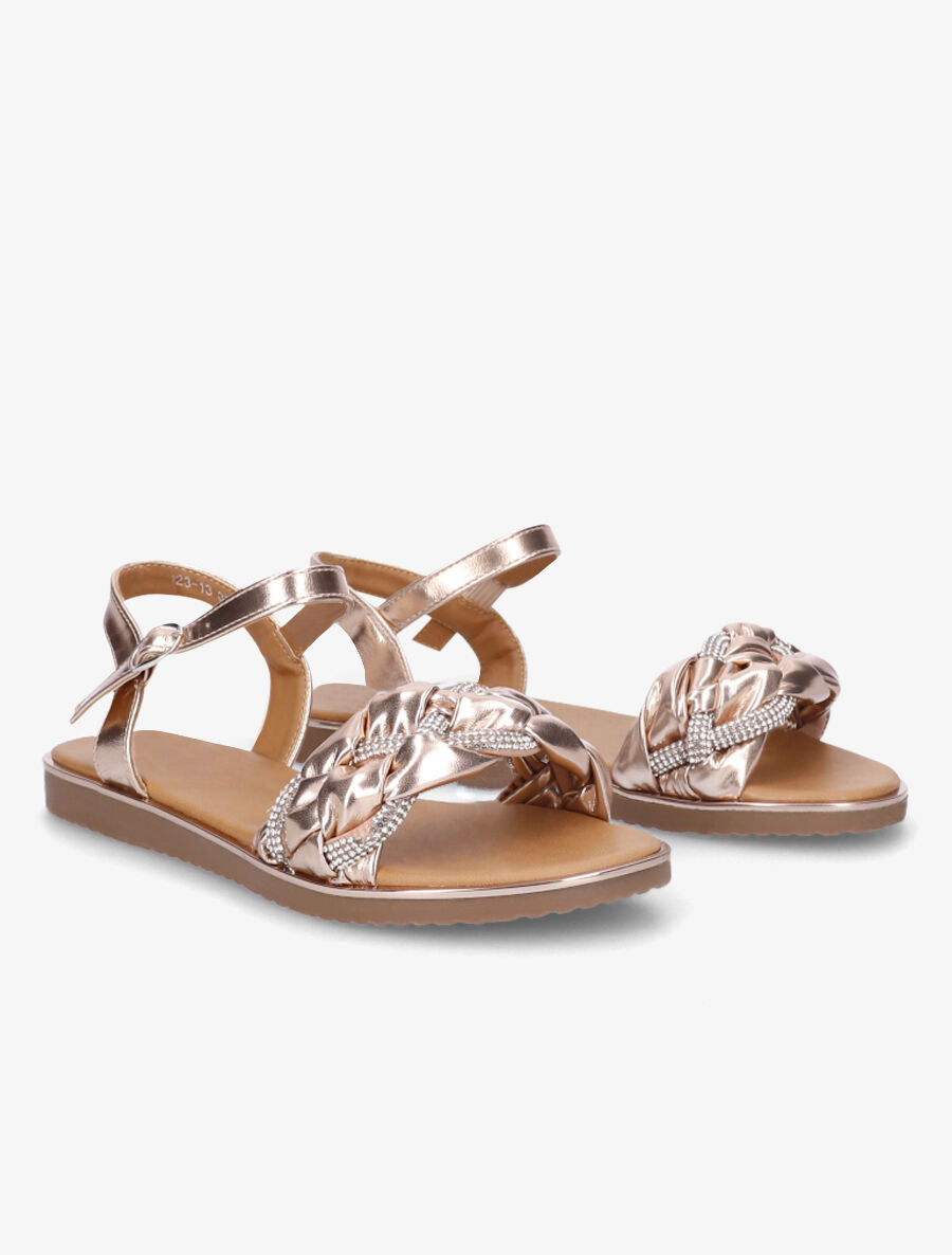 Nu-pieds en simili à bride tressée ornée de strass - Rose gold - 4