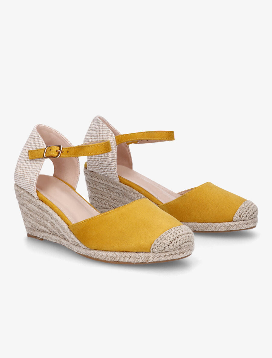 Sandales compensées bi-matière style espadrilles - Jaune moutarde - 4