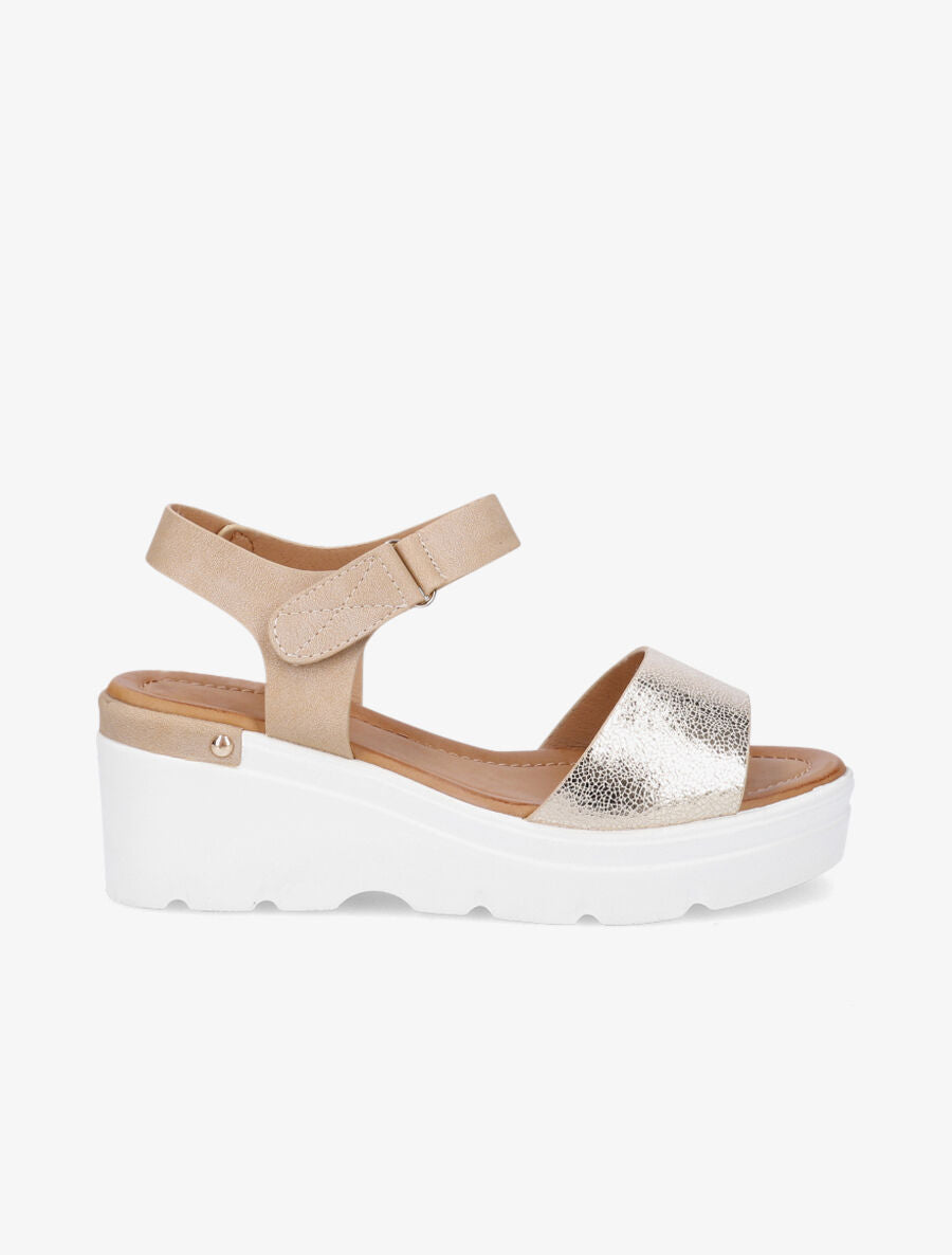 Sandales compensées à scratch - Beige - 1