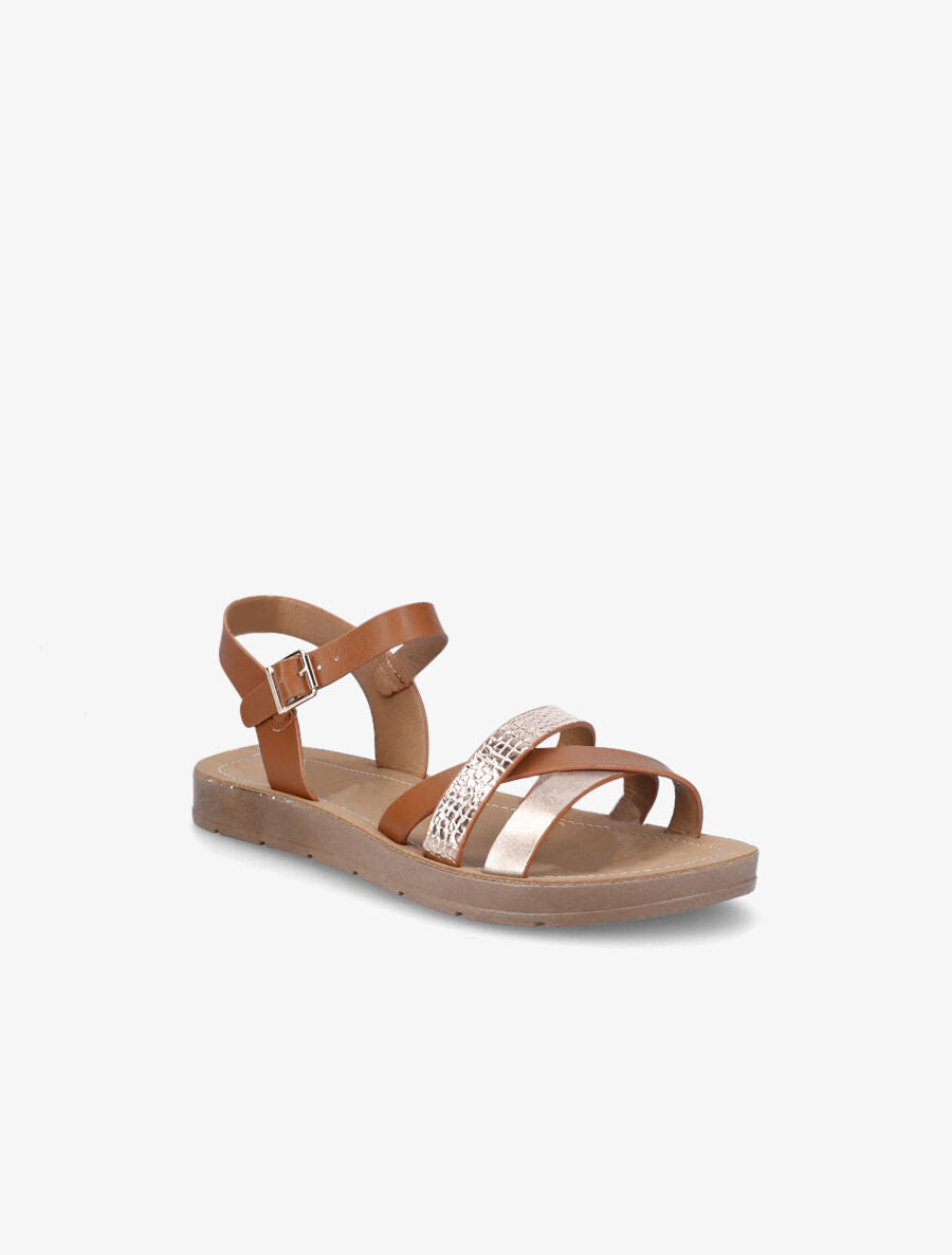 Nu-pieds en simili à brides irisées et python - Camel - 2