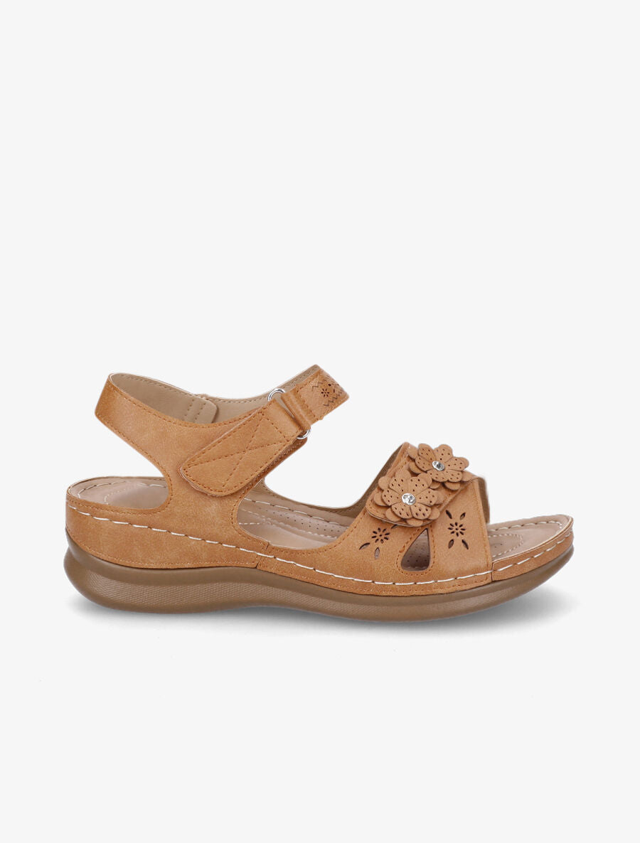 Sandales compensées à scratch et strass - Camel - 1