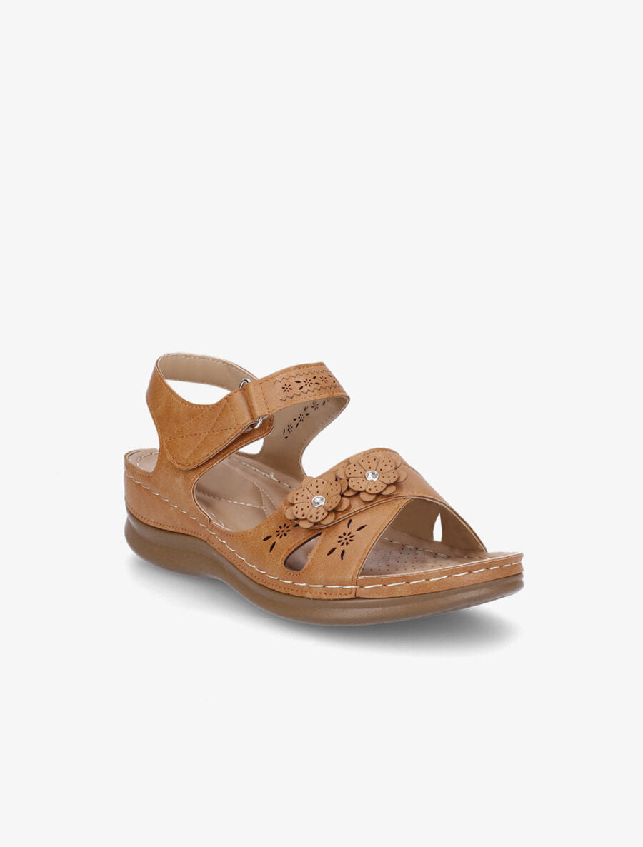 Sandales compensées à scratch et strass - Camel - 2