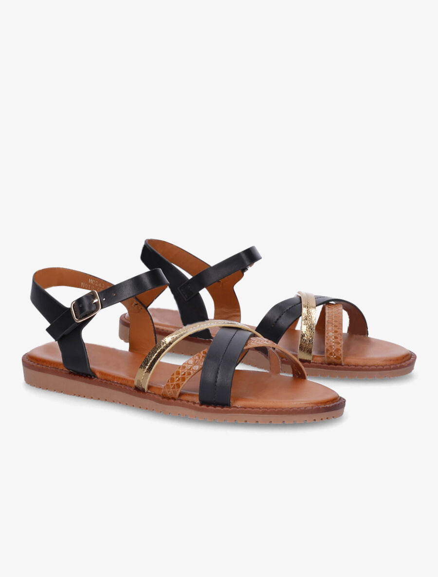 Nu-pieds à brides croisées unies et effet python - Noir - 4