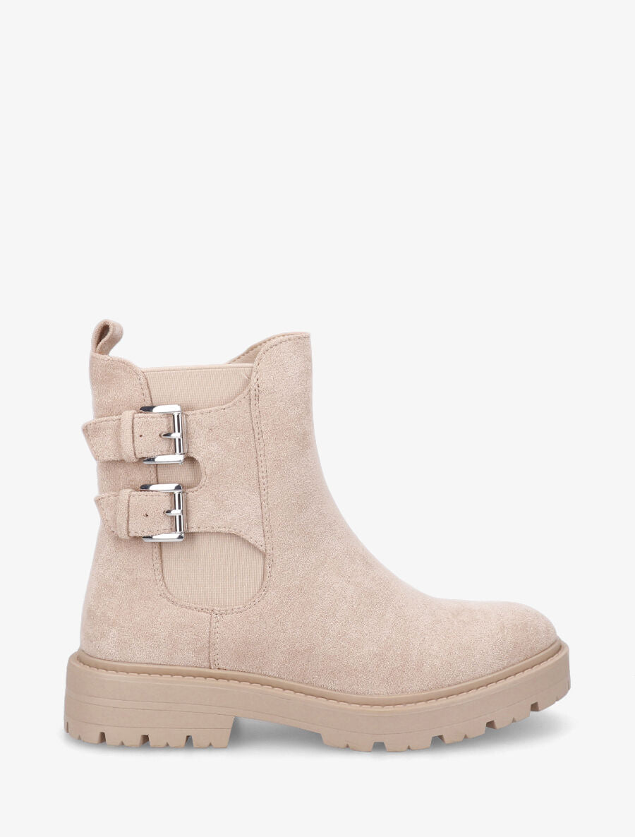 Boots montantes en suédine à double boucle - Beige - 1