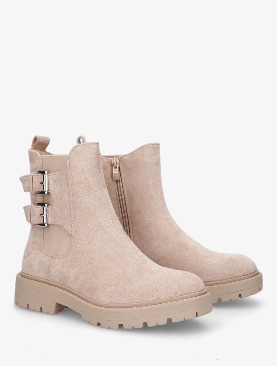 Boots montantes en suédine à double boucle - Beige - 4