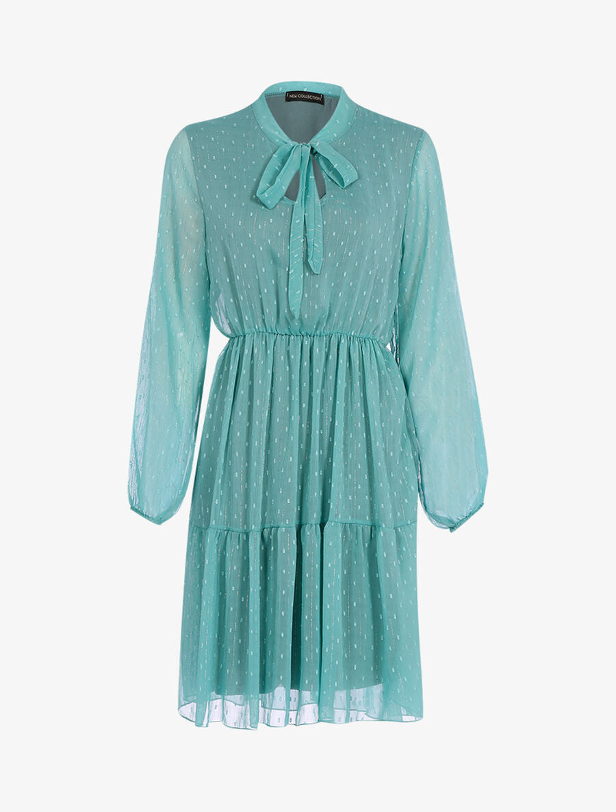 Robe à col lavallière et à pois brodés - Turquoise - 1