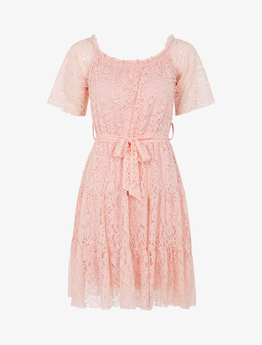 Robe en dentelle fleurie doublée - Rose - 1