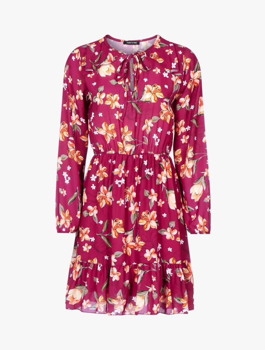 Robe fleurie à buste ajouré - Rouge cerise - 1