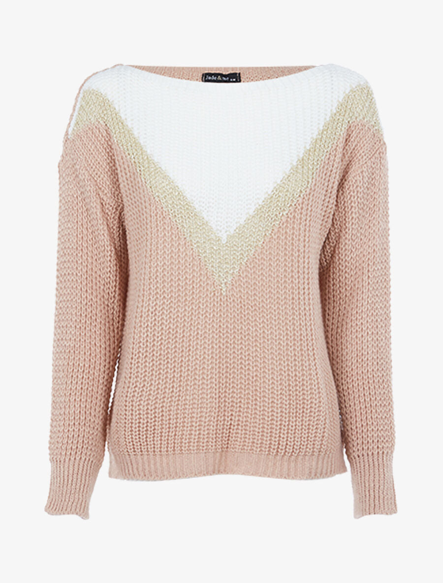 Pull en grosse maille à V doré - Vieux rose - 1