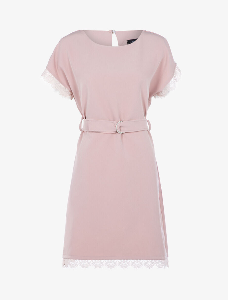 Robe ceinturée à bords dentelle - Rose - 1
