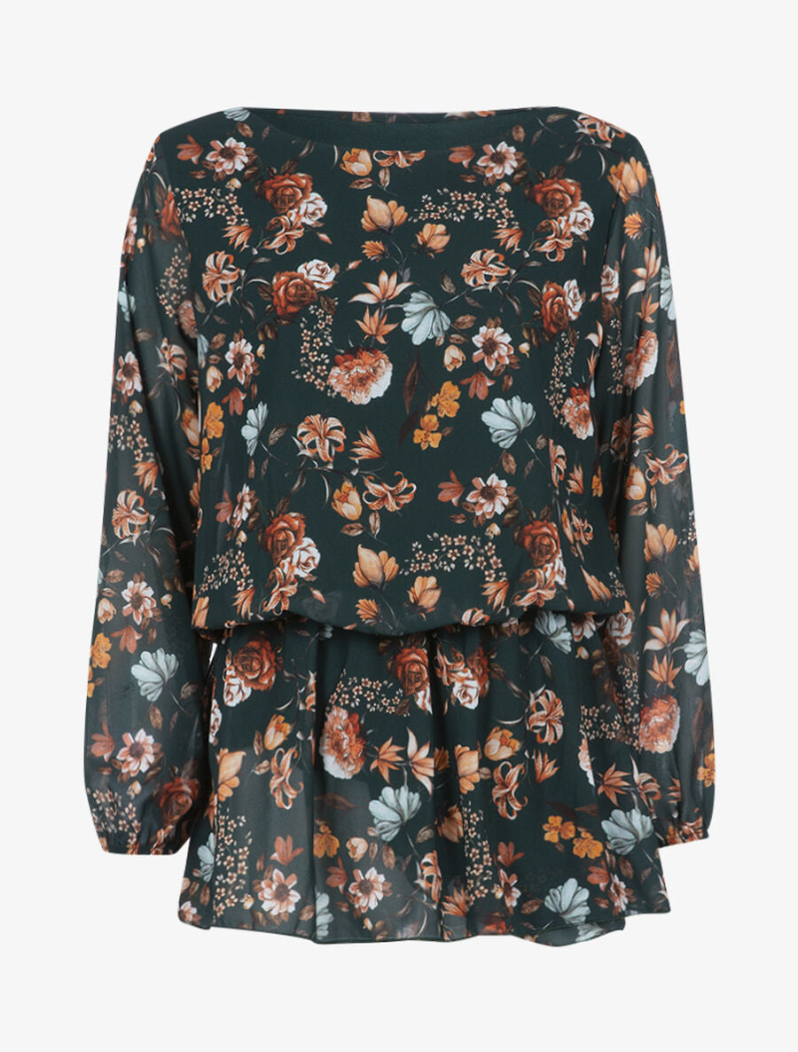 Top style tunique fleurie - Vert foncé - 1