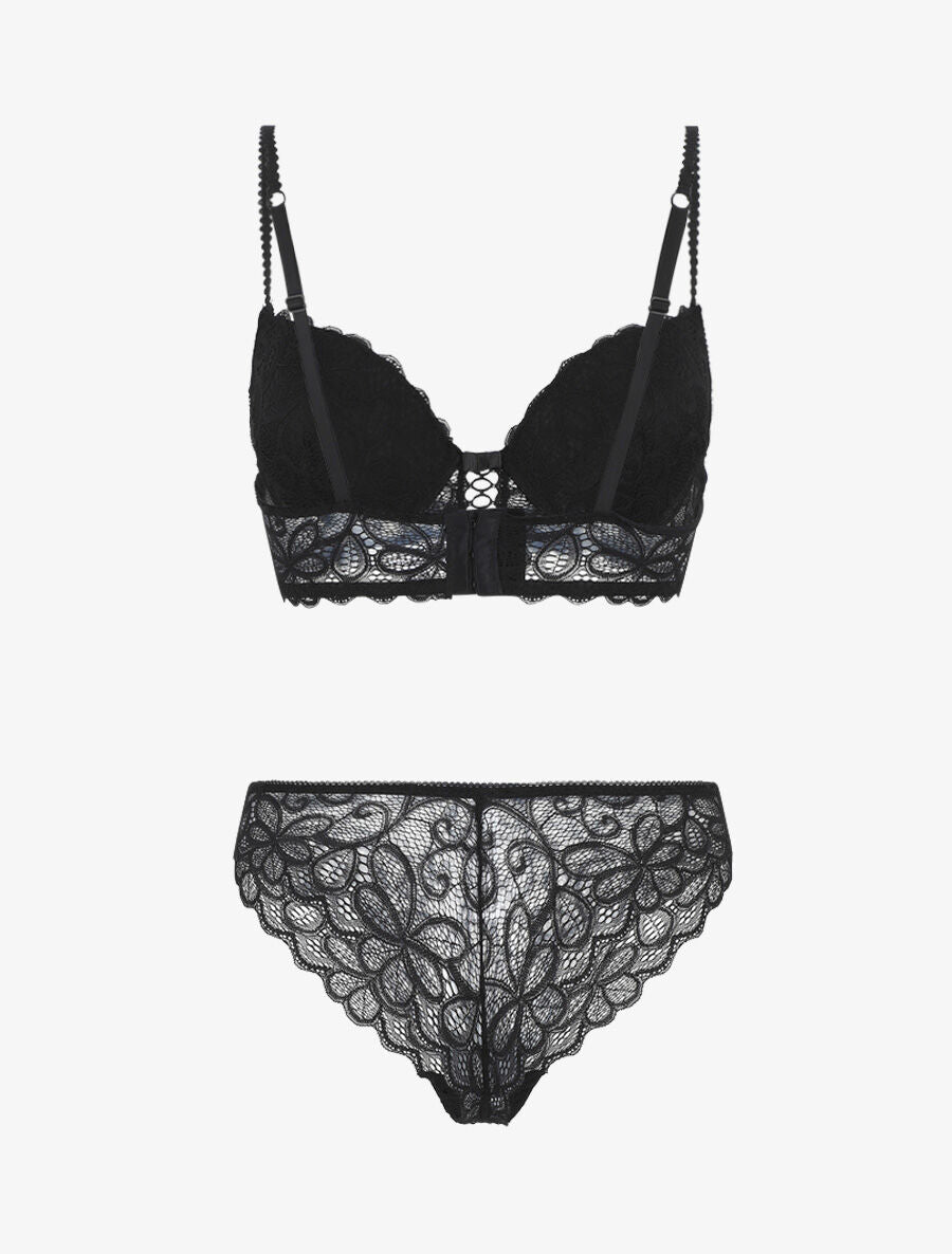 Ensemble soutien-gorge push up et tanga en dentelle - Noir - 2