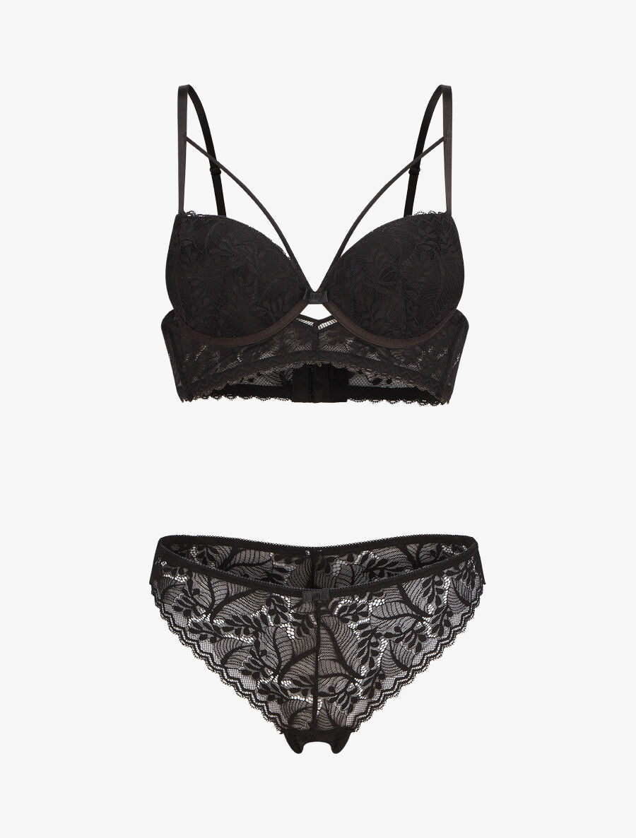 Ensemble lingerie en dentelle à liens - Noir - 1
