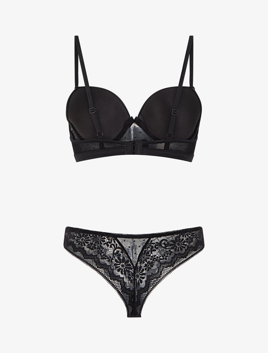 Ensemble soutien-gorge et tanga ajouré à détail satiné - Noir - 2