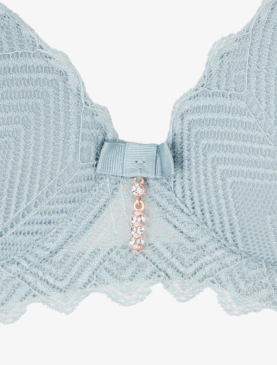 Ensemble soutien-gorge et tanga ajouré à bijoux strassés - Vert gris - 3