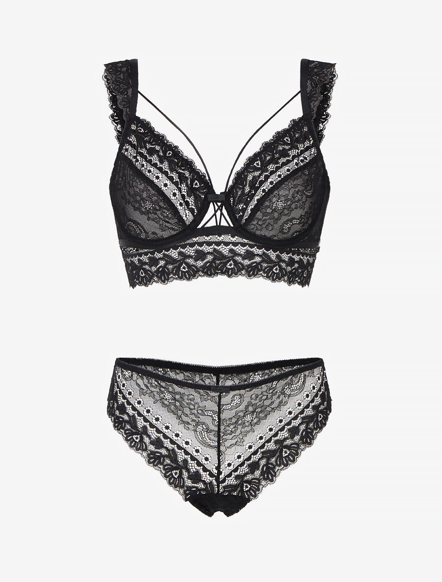 Ensemble lingerie en dentelle à liens - Noir - 1