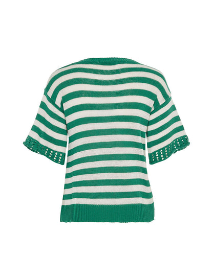 Pull rayé avant torsadé en coton mélangé - vert/blanc - 2