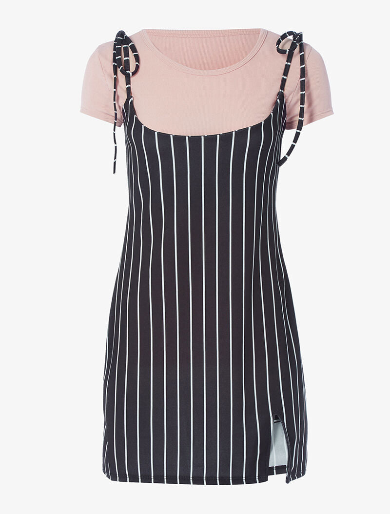 Robe rayée et t-shirt côtelé - rose - 3