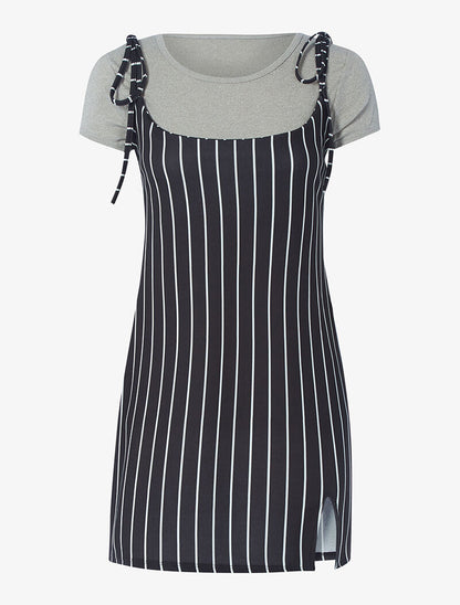 Robe rayée et t-shirt côtelé - gris - 1