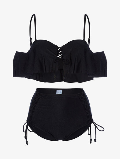 Bikini volanté et taille haute - noir - 1